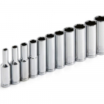 11 vnt. Metrinių Ilgų Chromuotų Lizdų Rinkinys 1/4 colio Pavara 6 kampų Gilūs Lizdai Nuo 4 mm Iki 14 mm Profesionali Klasė