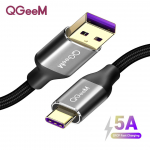 QGEEM 5A USB tipo C laidas, skirtas Huawei P20 Mate 20 Pro USB greito įkrovimo USB C duomenų kabeliui Honor V10 Supercharge Type-C kabelis 0.5M juoda