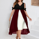 Pavasaris, vasara, didesnio dydžio moteri&scaron;ki drabužiai Eleganti&scaron;ki madingi drabužiai i&scaron; pečių, V kaklo, &scaron;ifono dirbtinė dviejų dalių netaisyklinga suknelė 5XL