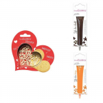 Kit pour biscuit en relief Coeur + 2 Stylos au chocolat marron et orange