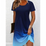 Eleganti&scaron;ka gradiento dažymo mar&scaron;kinėlių suknelė moterims, kvėpuojanti 3D spausdinimu apvaliu kaklu trumpomis rankovėmis, vidutinio ilgio laisvalaikio apranga atostogų metu XS