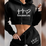 Moteri&scaron;kas sportinis kostiumas, 2 dalių rinkinys Faith Love Letter Hoodies Kelnės kostiumas Sportinė apranga pavasariui Moteri&scaron;ki drabužiai Bėgiojimas Sportas Crop Tops S