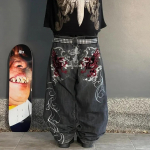 Hiphopo retro gatvės laisvalaikio Y2k Harajuku mados tendencijos siuvinėjimo modelio džinsinės kelnės tiesios plačios kelnės M