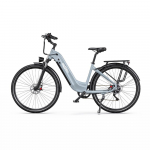 ONESPORT OT05 PRO 28-inch electric bike with 36V 22.5AH battery, 250W motor, 25km/h top speed, and front and rear hydraulic disc brakes. Gray OT05 PRO pilka spalva