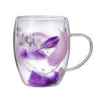 Stiklinis kavos puodelis su dviguba sienele 250/350 ml plunksnų dizaino puodelis su rankena, izoliuota nuo nuplikimo, patogios rankenos temperatūros valdymo puodelis 350ml