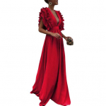 Moteri&scaron;ka vakarinė suknelė žemo kirpimo V kaklu, skraidančiomis rankovėmis Sluoksniuota, raukta, klostuota auk&scaron;tu juosmeniu, vientisos spalvos, grindų ilgio, i&scaron;leistuvių kokteilių vakarėlio maxi suknelė M