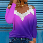 Madingi nėriniuoti V formos i&scaron;kirptės megztinis ilgomis rankovėmis su gradiento ra&scaron;tu laisvalaikio mar&scaron;kinėliai L