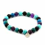 Pierres et Min&eacute;raux. Bracelet Perles Am&eacute;thyste + Chrysocolle + Agate noire + Turquoise 8 Fabriqu&eacute; en France.
