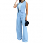 Moteri&scaron;ki liemenių komplektai Biuro damų puo&scaron;nus dviejų dalių komplektas Berankovė užsegama liemenė Plačių kelnių komplektas Vasarinis darbo drabužis S vyno raudonos spalvos