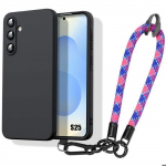 Coque pour samsung galaxy s25, protection silicone liquide avec dragonne tricolore d&eacute;tachable
