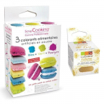 3 colorants alimentaires bleu, vert, pourpre + paillettes dor&eacute;es