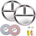 2-Pack Stainless Steel Suction Plate Baby Silicone Plate Set with 2 Forks & Spoons, BPA-Free Food-Grade Material | Dishwasher Safe | Easy to Clean