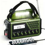 Saulės energijos ir rankinio generatoriaus radijas su &bdquo;Bluetooth&ldquo;, AM/FM/SW avarinis radijas su 8000 mAh USB maitinimo bloku, SOS signalizacija, kompasas, LED žibintuvėlis, skaitymo lempa