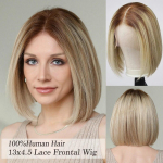 HAIRCUBE Perukai žmogaus plaukams Rudi &scaron;viesiaplaukiai Bob nėriniai priekiniai perukai I&scaron; anksto nupe&scaron;ti blondiniai auksiniai HD nėriniai priekiniai perukai Trumpi tiesūs Remy žmogaus plaukų perukai