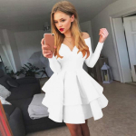 Beautife Sexy Moteri&scaron;ka mini suknelė V formos i&scaron;kirpte, plona, ​​klostuota, rutulinė suknelė, vientisa suknelė M balta