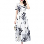 Moteri&scaron;ka vasarinė laisva &scaron;ifono maksi suknelė, kasdieni&scaron;ka, trumpomis rankovėmis, V formos i&scaron;kirpte, ilga, boho stiliaus, gėlėta, paplūdimio sundress M balta