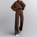 Rudeninis vienspalvis užtrauktuku užsegamas kasdienis sportinis ilgomis rankovėmis vir&scaron;us su rai&scaron;teliu ir kasdienės kelnės - dviejų dalių komplektas M tamsiai ruda spalva