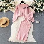Rudens žiemos moteri&scaron;kas eleganti&scaron;kas megztas megztinis, dviejų dalių komplektas moteri&scaron;kas, plonas, aptemptas suknelės ir karoliukais puo&scaron;tas megztinis, kostiumas One Size rožinė