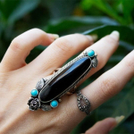 Boho Blue Black Stones Žiedas Sidabrinės spalvos Žiedai Moterims Statement Ring Gėlėti Ring Party Juvelyriniai dirbiniai 6