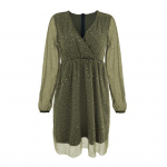 Moteri&scaron;ka pavasario rudens suknelė su V kaklu, ilgomis tinklinėmis rankovėmis, blizgančiomis blizgančiomis rankovėmis, dvisluoksnėmis, siauromis juosmenimis, i&scaron;leistuvių kokteilių vakarėlio mini suknelė XL armijos žalia spalva