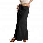 Women Maxi Skirt Mid-rise A-Line Drawstring Solid Color Long Skirt Easy to Match Lady Skirt Work Leisure Daily Wear S