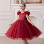 Eleganti&scaron;ka princesės suknelė mažiems mergaitėms su pūstomis rankovėmis ir tinkleliu - &Scaron;ventės vedėjos piano suknelė su pūstu sijonu 110cm (5Y) vyno raudonos spalvos