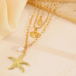 Nerūdijančio plieno aukso spalvos trijų sluoksnių jūrų žvaigždės kriauklės perlo pakabukas vėrinys moterims mergaitėms kaklo grandinėlė papuo&scaron;alai