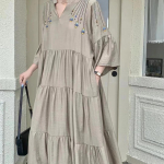 Clothland Moteri&scaron;kos Eleganti&scaron;kos Siuvinėtos Suknelės V formos i&scaron;kirpte, platėjančiomis rankovėmis, laisvo stiliaus, vienos dalies, retro midi suknelės One Size chaki