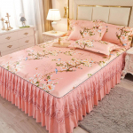 Ledinio &scaron;ilko nėrinių lovos sijonas ir vėsus kilimėlio rinkinys - Kvėpuojantis rotango dizainas 1.8*2.2m with Bedskirt + 2 Pillowcases