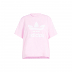 Adidas Originals Adicolor Trefoil Boxy mar&scaron;kinėliai su raidės logotipo spaudiniu Moteri&scaron;ki vir&scaron;utiniai drabužiai Rožiniai IN2492 XS