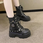 Moteri&scaron;ki odiniai punk stiliaus batai Mados dizainerio Sagtis Kniedė Storas padas Motociklininko batai Auk&scaron;takulniai Platforminiai Ankle Boots moterims 34