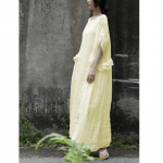 Johnature Moteri&scaron;ka vintažinė Ramė suknelė Vienspalvė O formos i&scaron;kirptė trumpomis rankovėmis Vasariniai chalatai Laisvi, pakopinė suknelė One Size &scaron;viesiai geltonos spalvos