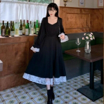 Suknelė ilgomis rankovėmis moteri&scaron;ka Eleganti&scaron;ka juoda spyruoklinė kvadratinė apykaklė Vintage Bandage Hepburn Patchwork dizainas