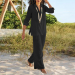 Moteri&scaron;kas lininis dviejų dalių kostiumas Lininis kostiumo kelnės ir mar&scaron;kiniai ilgomis rankovėmis Oversize laisvalaikio kelnių kostiumas V formos i&scaron;kirpte Lininė palaidinė Laisvos lininės kelnės