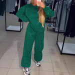 2024 m. rudens/žiemos moteri&scaron;kas džemperis su apvalia i&scaron;kirpte ir rhinestones bei sportinės kelnės 2XL žalia