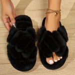 &bdquo;Crisscross Fluffy&ldquo; &scaron;iltos &scaron;lepetės, mink&scaron;tu padu atviru, mink&scaron;tu pliu&scaron;iniu pamu&scaron;alu, jaukūs batai, neslidžios &scaron;lepetės ant grindų, žiemai ir rudeniui 42-43 juoda