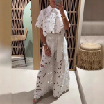 Moteri&scaron;kas pavasarinis Eleganti&scaron;kas atvartas Pusiau rankovių Crop Top + plačios kelnės Sexy Hollow 2 dalių rinkinys 3XL balta