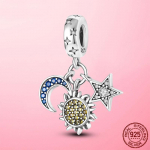 925 Silver Moon Sun Star Galaxy Dangle žavesio karoliukai, tinkantys moterims Firminės apyrankės &bdquo;pasidaryk pats&ldquo; papuo&scaron;alai