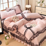 Princesės stiliaus vienspalis nėrinių plovimo medvilnės lovos keturių dalių seersucker nėrinių dvigubas antklodės užvalkalas 1.8 meter bed