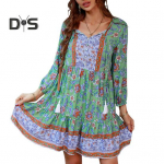 Moteri&scaron;ka gėlėta Boho suknelė Laisvalaikio stiliaus suknelė ilgomis rankovėmis, trumpa suknelė su V formos i&scaron;kirpte, su mygtuku žemyn, A linijos suknelė Mini paplūdimio saulės suknelė S geltona