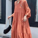 Clothland Moteri&scaron;kos Eleganti&scaron;kos Siuvinėtos Suknelės V formos i&scaron;kirpte, platėjančiomis rankovėmis, laisvo stiliaus, vienos dalies, retro midi suknelės One Size oranžinė