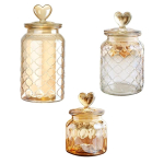 3 vnt. &scaron;irdelės formos dangtelio, reljefinio stiklo indelis sausiems maisto produktams laikyti, saldaininė, dekoratyviniai organizatoriai 1 beige