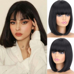 LISI HAIR Moteri&scaron;kas tiesus Bobo ilgio perukas su kirpčiukais, sintetinio pluo&scaron;to, natūralus juodas, kasdieniam dėvėjimui, Cosplay Bobo perukas 613