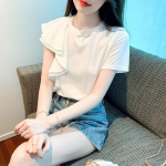 Vasarinė trumpomis rankovėmis &scaron;ifoninė palaidinė Madingi moteri&scaron;ki mar&scaron;kiniai su i&scaron;kirpte Moteri&scaron;ki drabužiai Balti vir&scaron;utiniai palaidi raukuoti vir&scaron;utinė moteri&scaron;ka eleganti&scaron;ka 27166 S balta