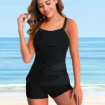 Moteri&scaron;kas maudymosi kostiumėlis su petne&scaron;ėlėmis, juodos spalvos Bikini Tankini maudymosi kostiumėlis 4XL juoda