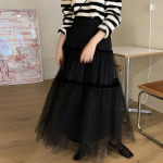 WTEMPO Korėjos ta&scaron;kelių tinklelio A formos sijonai moteri&scaron;ki vasariniai ilgi eleganti&scaron;ki tiulio sijonai laisvi laisvalaikio juodos kavos marlės pyrago sijonas One Size juoda