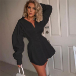 Moteri&scaron;ki mar&scaron;kiniai Suknelė Biuras Moteri&scaron;ka ilgomis pūstomis rankovėmis V formos i&scaron;kirpte, mini suknele su auk&scaron;tu juosmeniu, vientisa balta juoda rai&scaron;kio juosmens mar&scaron;kiniai Tunika suknelė