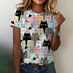 Moteri&scaron;ki mar&scaron;kinėliai 3D Cat Print Drabužiai Summer Crew Neck Fashion Trumpomis rankovėmis Eleganti&scaron;kas laisvalaikio vir&scaron;us Laisvi mar&scaron;kinėliai Moteri&scaron;ki drabužiai S