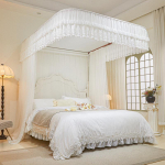 Dvisluoksnis siuvinėtas nėrinių grindų ilgio U formos tinklelis nuo uodų su bėgelių sistema 200x220 cm