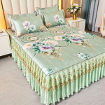 Ledinio &scaron;ilko nėrinių lovos sijonas ir vėsus kilimėlio rinkinys - Kvėpuojantis rotango dizainas 2.0*2.2m with Bedskirt + 2 Pillowcases